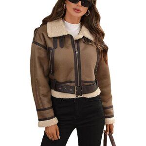 Women's Winter Faux Lamb Fur Leather Short Jacket Lapel Zipper Bomber Coat Camel